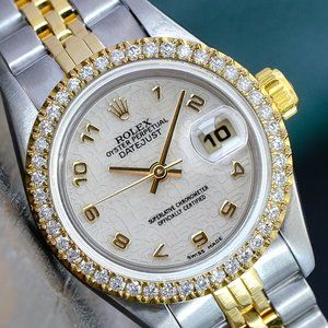 ROLEX LADIES DATEJUST GOLD STEEL BEIGE ARABIC DIAL DIAMOND BEZEL 26MM WATCH